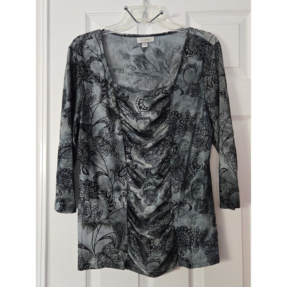 Dressbarn Womans Blouse Size XL 3/4 Sleeve Greyish Green  & Black